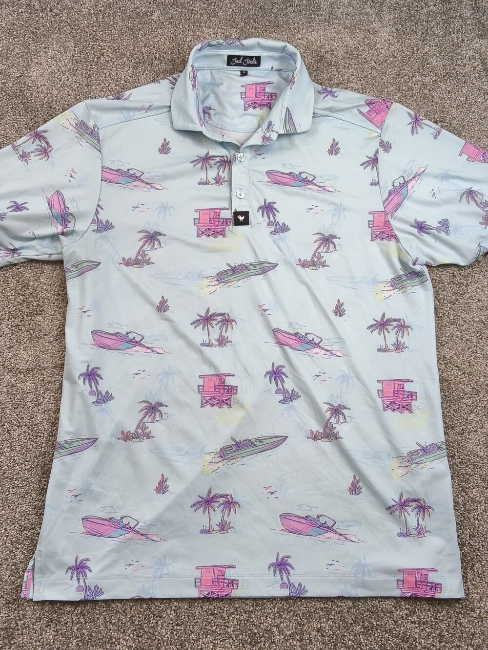 Bad Birdie Yacht Rock Polo Men Medium Beach Tropical Palm Tree Golf Boat